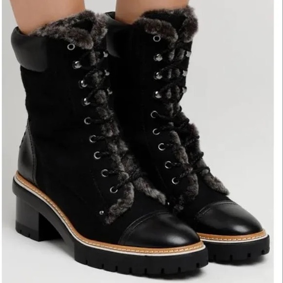 Tory Burch Black Leather Shearling Miller Lug Sole Ankle Booties - 9.5 - Picture 1 of 9